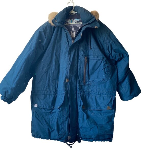 Vtg Luhta Studio Blue Parka Jacket Fur Trim Hood Flying Branch Mens XL Finland - Picture 1 of 15